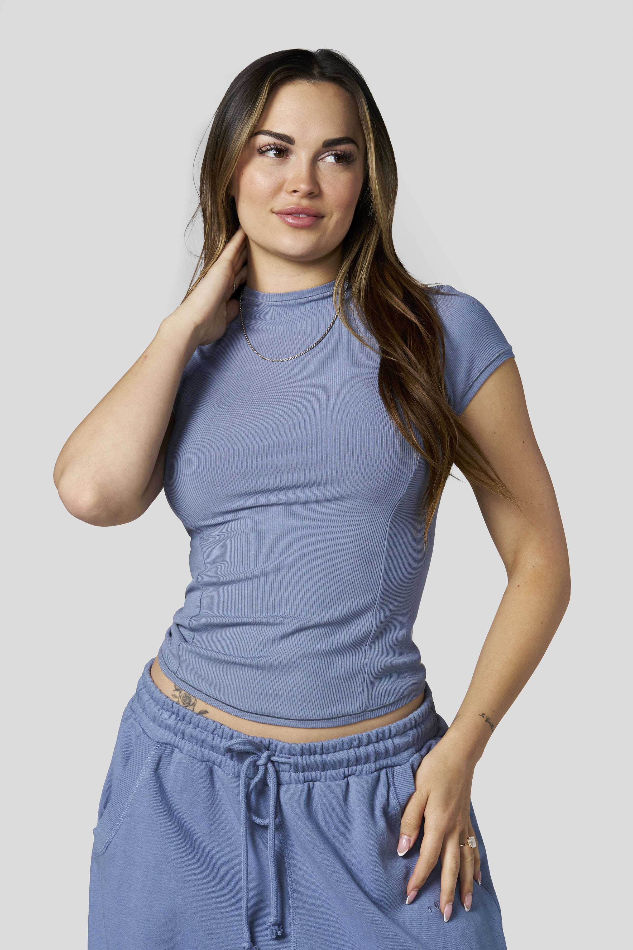 W4270 Ribbed Mock Neck Tee - Dusty Blue