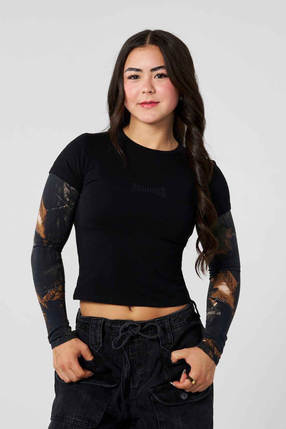 W4293 - Camo Twofer Baby Tee - Black Barbed Wire Camo