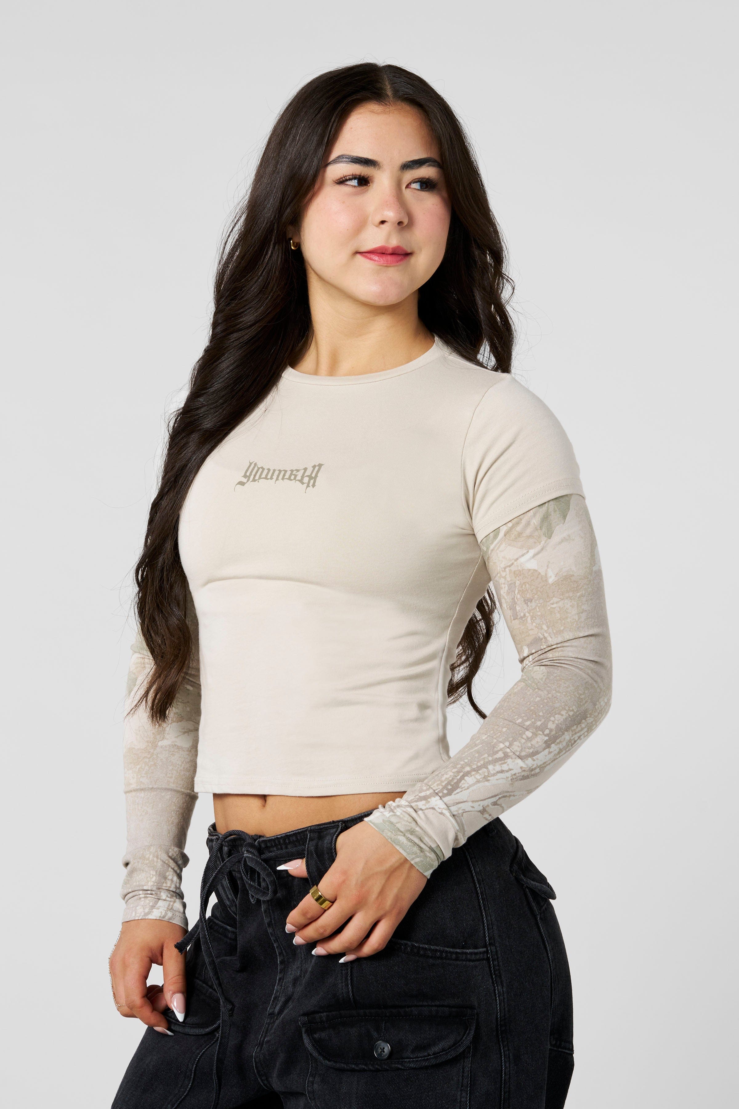 W4293 - Camo Twofer Baby Tee - Tan Spring Camo
