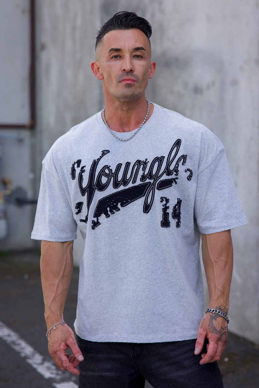 4182 - Distressed Script Tees - Heather Grey