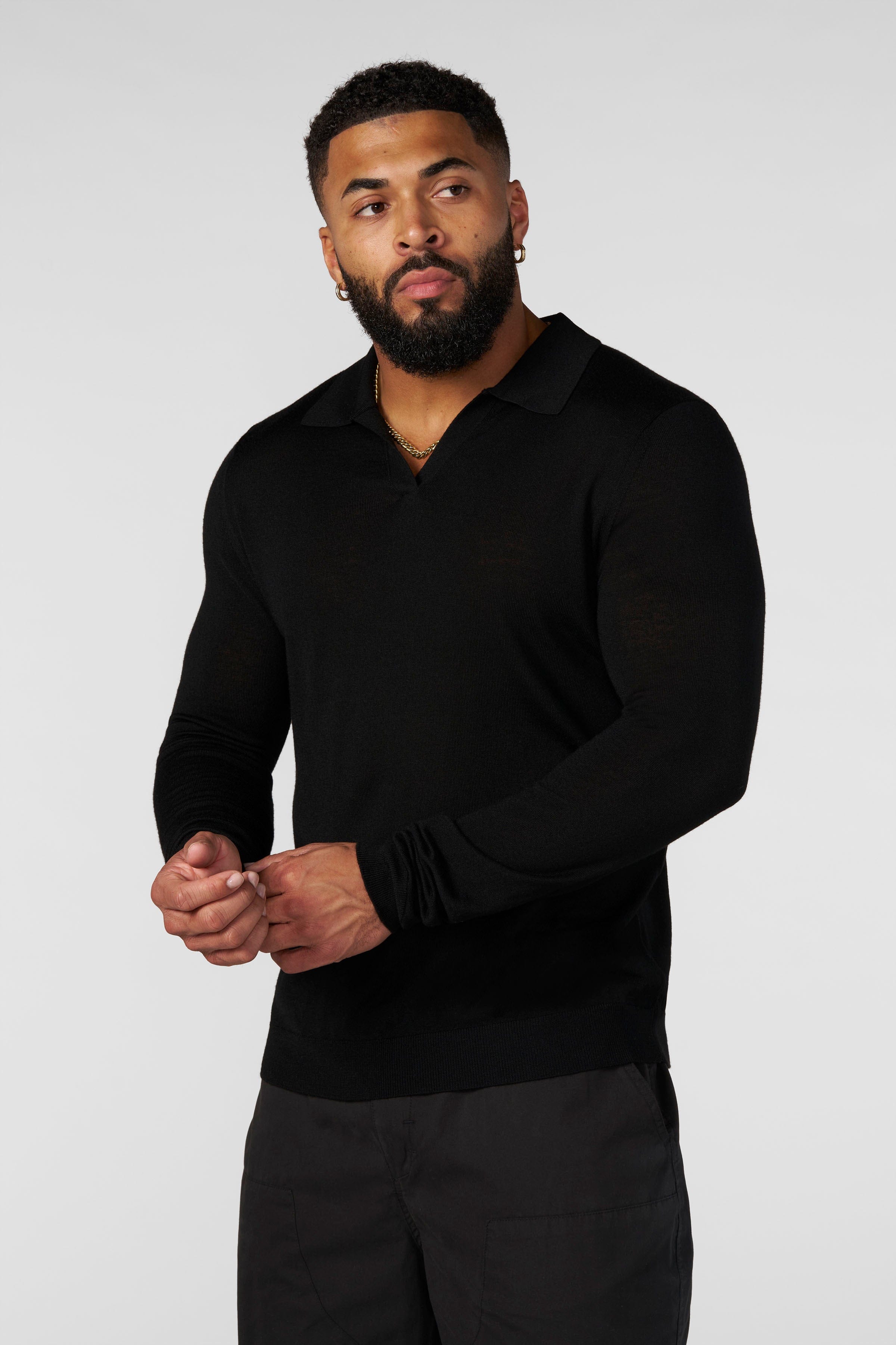 8018 - Monaco Wool Longsleeve Polo - Black